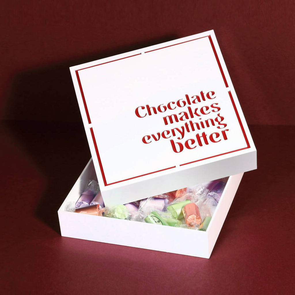 Custom-made white chocolate box design. CHOCOLATE NOT INCLUDED.