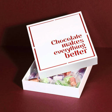 Custom-made white chocolate box design. CHOCOLATE NOT INCLUDED.