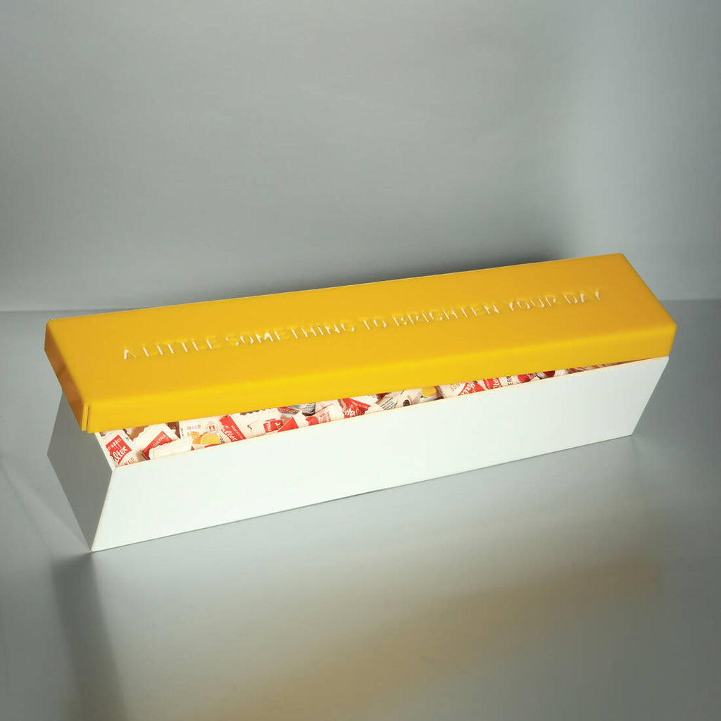 Custom-made yellow box design. CANDIES NOT INCLUDED.