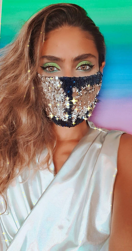 Versatile Navy Blue and Silver Sequin Face Mask