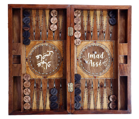 Personalized Backgammon SHESH YEK - GIFT IDEAS - Custom Made - Natural walnut Laminated wood & seashell