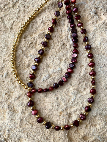 Red Freshwater pearl choker with half gold color beads