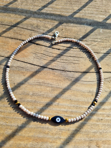 Crystal Grey choker with mother of pearl evil eye