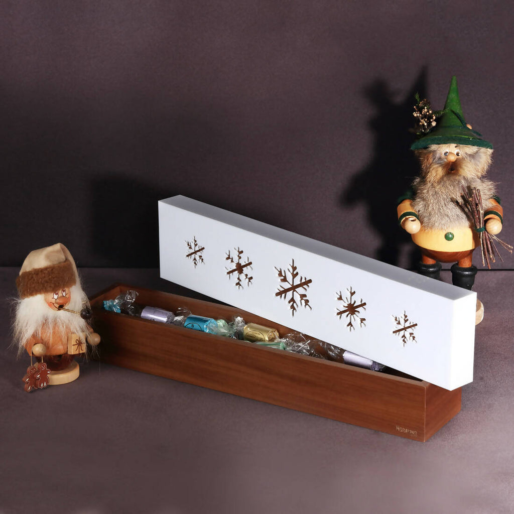 Custom-made CHRISTMAS wood and plexiglass box design. CHOCOLATES NOT INCLUDED.