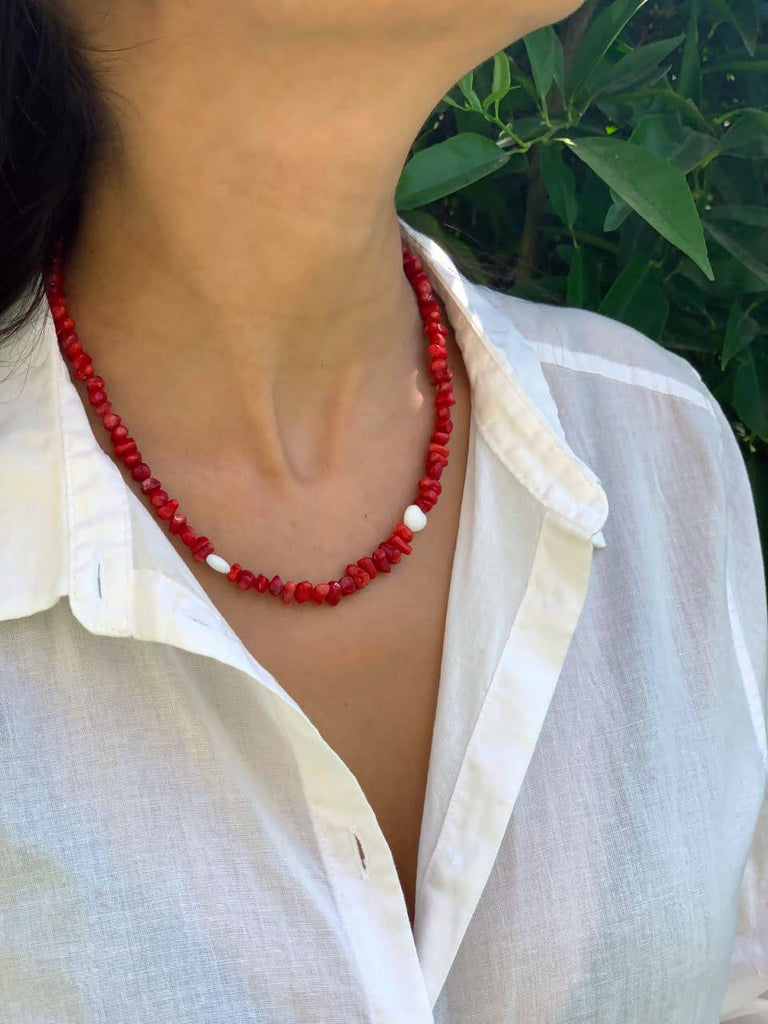 Red coral necklace with white hearts