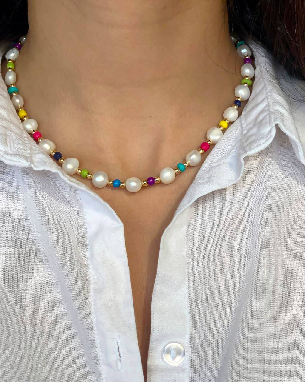 White freshwater pearls with rainbow beads