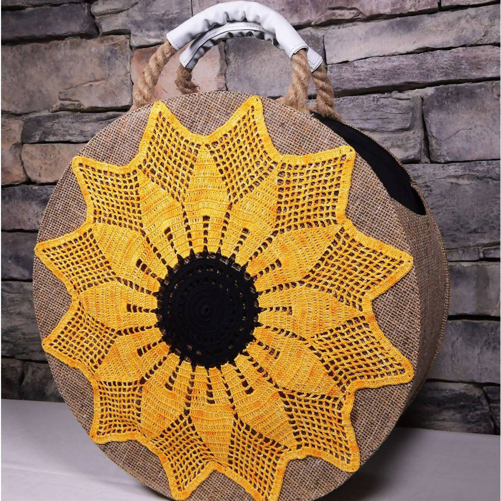 Beach Bag - Round Shape with Sunflower Crochet