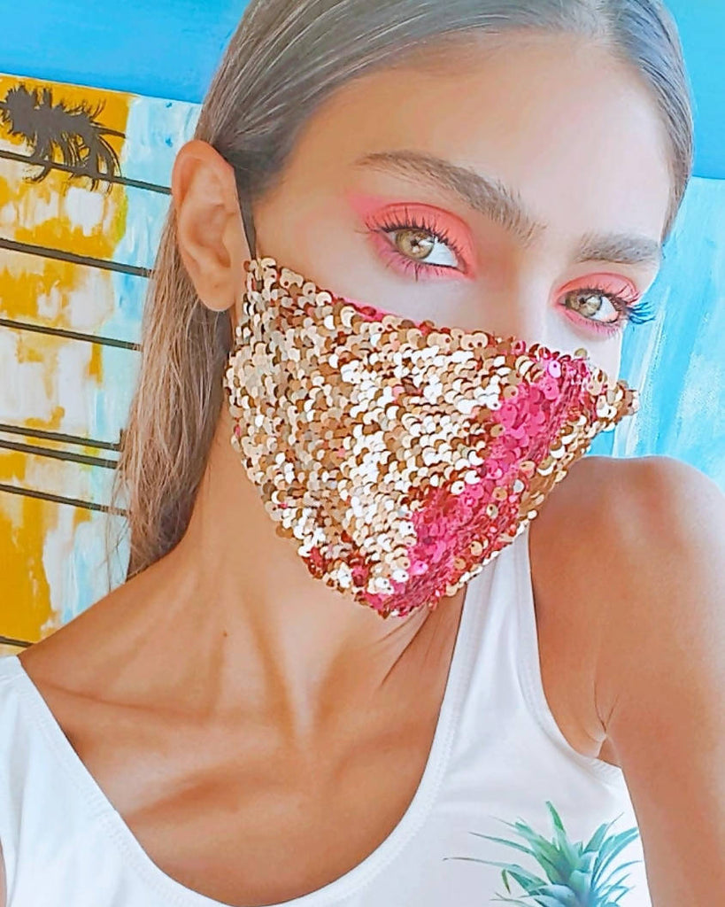 Versatile Pink and Gold Sequin Face Mask