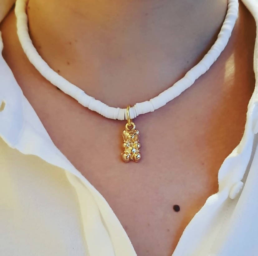 White Necklace with Gold Plated Bear