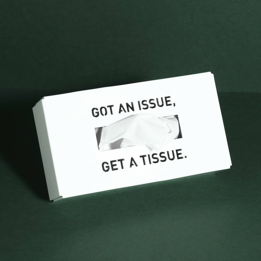 Custom-made white tissue box design.